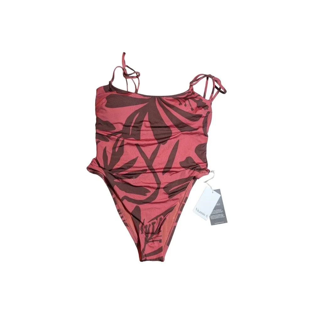 ⭐D4 Vitamin A Women's Printed Tie Shoulder Classic Coverage 1 Piece Swimsuit L